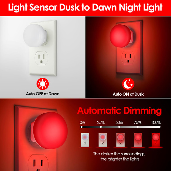 FOLKSMATE 5 Pack LED Night Light, Plug-in Dusk to Dawn Light Sensor Hallway Lights, Smart Nightlight Auto-On/Off for Bathroom, Bedroom, Adults & Kids Room, Kitchen, Stairway, Nursery, Red Lights