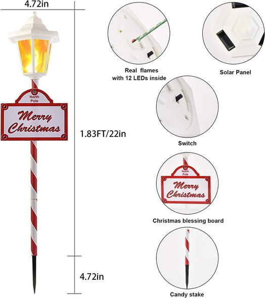 Christmas Pathway Lights Outdoor - 4 Pack Flickering Flame Solar Candy Stake Lights Waterproof Solar Landscape Lights for Christmas Garden, Patio, Yard Driveway Decoration(White)