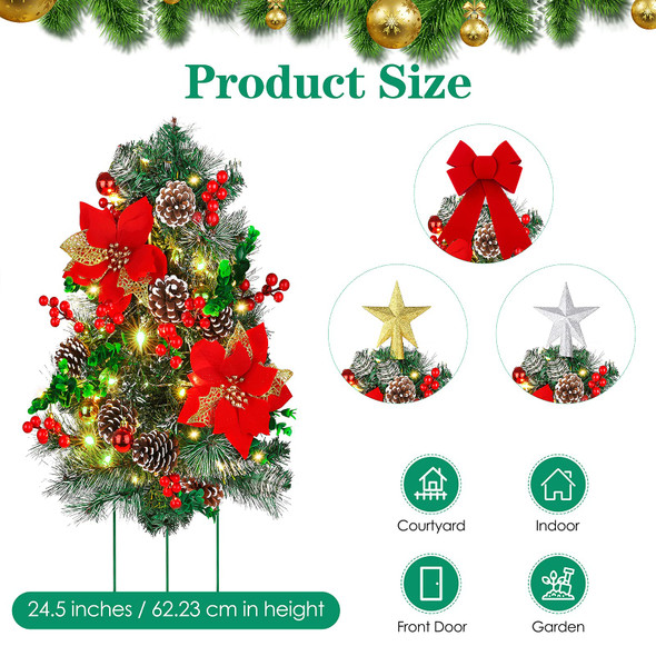 2 Pack 24.5 Inches Christmas Pathway Trees Outdoor Artificial Christmas Tree Urn Filler with 66 LED Lights Tree Topper Pine Cones Red Berries for Home Holiday Christmas Decor (White)