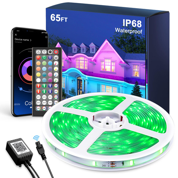 Fussion Outdoor LED Strip Lights Waterproof 65.6ft, IP68 LED Light Strips with Remote, RGB Color Changing Christmas House Rope Lighting for Outside
