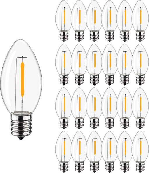 25Pack LED Night Light Bulbs, C7 Shatterproof Replacement Led Bulb for String Light, E12 Base Salt Lamp Bulbs, 0.6W Equivalent to 7W, Warm White 2200K, 50LM