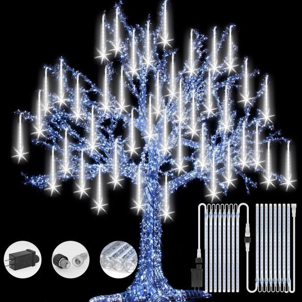 Christmas Lights Meteor Shower Rain Light Falling Rain Lights with 16 Tubes 384 LEDs Waterproof Icicle Snow Fall String Lights for Party Tree Home Patio Outdoor Decoration(16 Tubes,White)