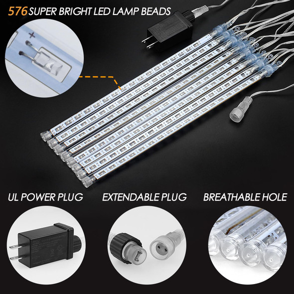 Christmas Lights Meteor Shower Rain Light Falling Rain Lights with 16 Tubes 384 LEDs Waterproof Icicle Snow Fall String Lights for Party Tree Home Patio Outdoor Decoration(16 Tubes,White)