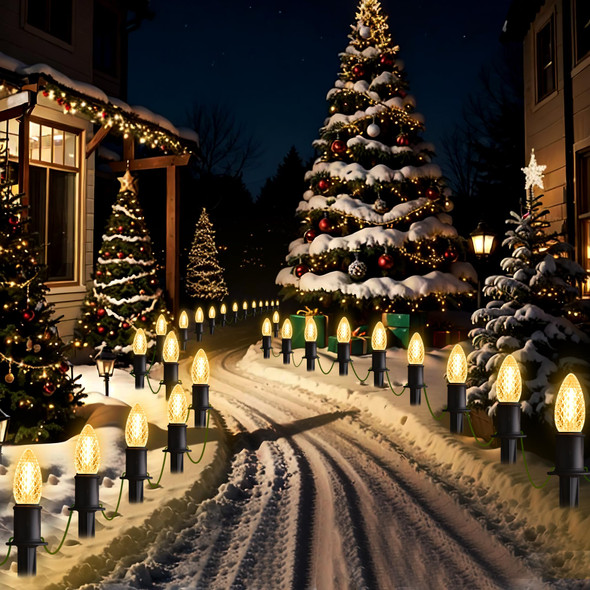 GAGALIFE C9 Christmas Pathway Lights Outdoor - 29ft 25 LED Lights with 25 Marker Stakes for Walkway, Waterproof Plug in C9 Christmas Lights Outdoor for Driveway, Yard, Lawn Decorations, Warm White