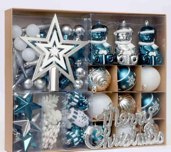 GAOMON 70ct Christmas Ball Ornaments Set, 68 Pcs Shatterproof Blue & Silver Tree Hanging Ornaments and Merry Christmas Sign & Top Tree Toppers, Xmas Indoor Outdoor Party Home Decor