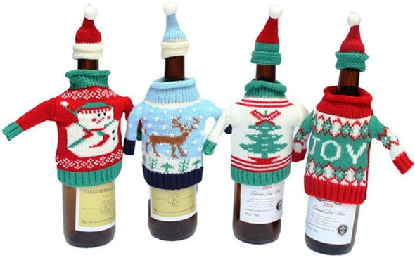 Christmas Wine Bottle Covers and Hats Kit, Gawertoy 4 Pack Ugly Christmas Sweater Wine Bottle Covers and Caps with Joy Snowman Xmas Tree Reindeer Pattern for Christmas Party Table Decorations