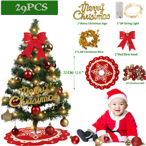 60CM Mini Christmas Tree, Pink Tabletop Christmas Tree Small Xmas Tree with 29 Pieces Ornaments, Small Prelit Christmas Tree with Light for Home, Party DIY Christmas Decorations,Green