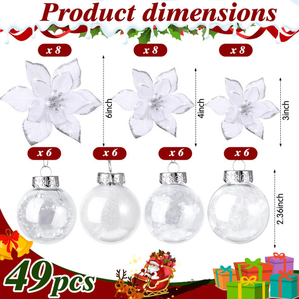 49 Pcs Christmas Tree Decoration Set Include Christmas Tree Topper, 24 Pcs Glitter Christmas Flowers 3 Sizes, 24 Pcs 2.36 Inch Christmas Ball Ornaments for Tree Holiday Party Decorations (White)