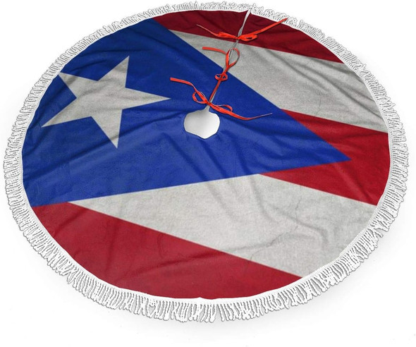 Christmas Tree Skirt 48" Inch Puerto Rico Flag Xmas Tree Skirt Mat with White Tassel for Party Holiday, Tree Skirt Christmas Decorations