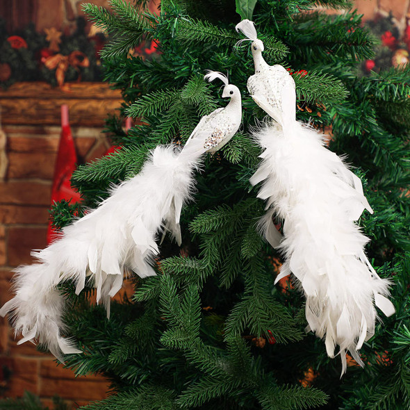 2 Pcs Peacock Christmas Tree Ornaments Long Tail Feather Peacock Christmas Decorations Glitter Peacock Bird Clip On Ornament for Xmas Tree Decor (Simple Style)