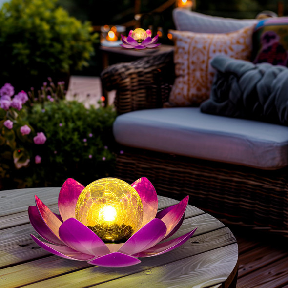 GIGALUMI Solar Light Outdoor Garden Decor, Lotus Flower Light Crackle Globe Glass Lantern Outdoor Table Decor Waterproof for Patio, Lawn, Pathway, Pool, Pond, Christmas (Pink Petal)