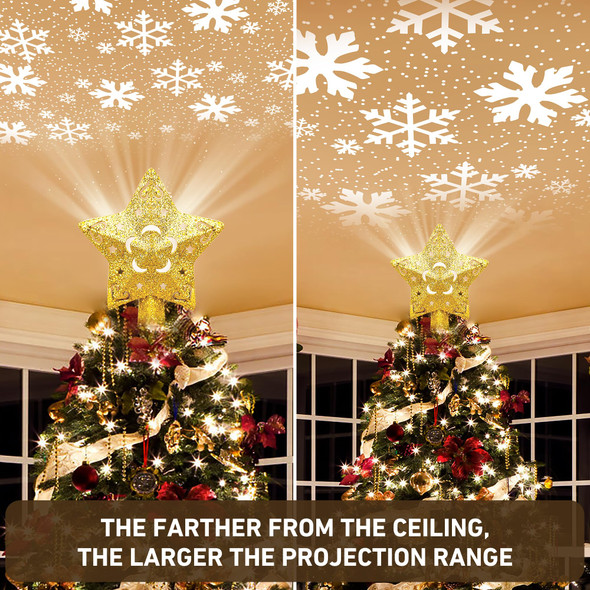 Christmas Tree Topper Lighted with 5 Projection Modes, Christmas Star Tree Topper Built-in LED Rotating Lights, Gold 3D Glitter Dynamic Projection for Christmas Tree Decorations
