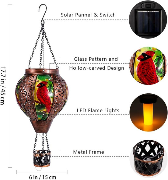 Cardinal Hot Air Balloon Solar Lantern with Flame, Hanging Outdoor Lantern Waterproof Solar Light for Patio, Porch, Xmas Holiday Party Decor