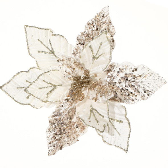 GL-Turelifes 10.7’’ Large Glitter Christmas Flowers 6 Pcs Artificial Poinsettia Flower Ornaments Fold Floral for Christmas Tree Decorations Xmas Tree Year Wedding Centerpiece (Cream White)