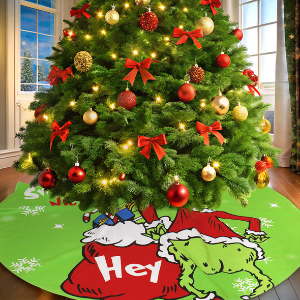 48in Christmas Tree Skirt for Merry Christmas Party Christmas Tree Decorations Green Monster and Dog with Sweet Cheeks Snowflake