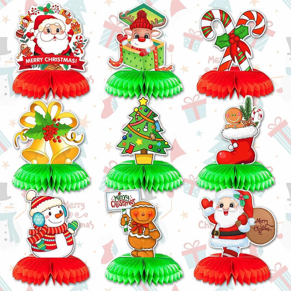 9PCS Christmas Tree Honeycomb Table Decorations for Home Party Christmas Gingerbread Man Snowman Santa Candy Cane Table Topper Centerpiece Decoration for Table Decor Christmas Party Supplies