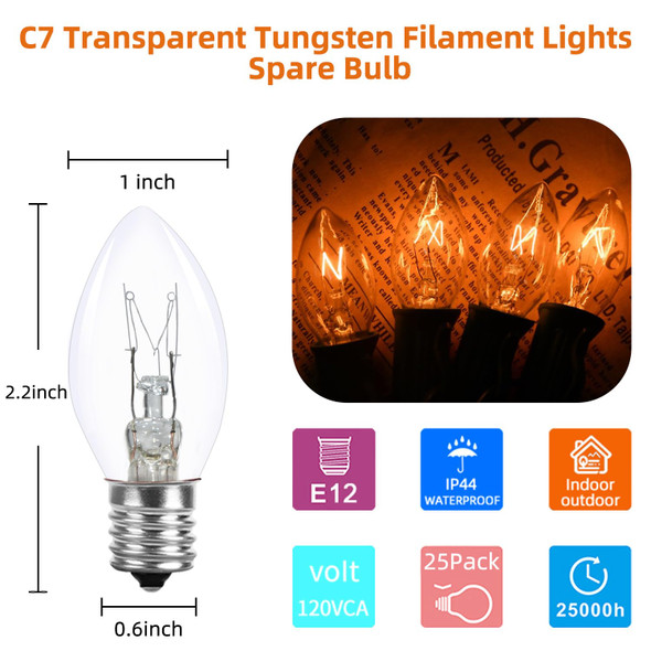 25 Pack C7 Clear Replacement Bulbs for Christmas Lights Outdoor, 5w Incandescent Bulbs, C7/E12 Base, UL Waterproof String Light Bulb for Indoor Party Holiday Christmas Decorations