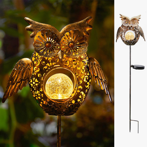 Go2garden Solar Lights Outdoor Owl Decorative Metal Stakes Lights Crackle Glass Light for Lawn, Yard Art, Pathway, Patio Decor,Mothers' Day (Bronze)