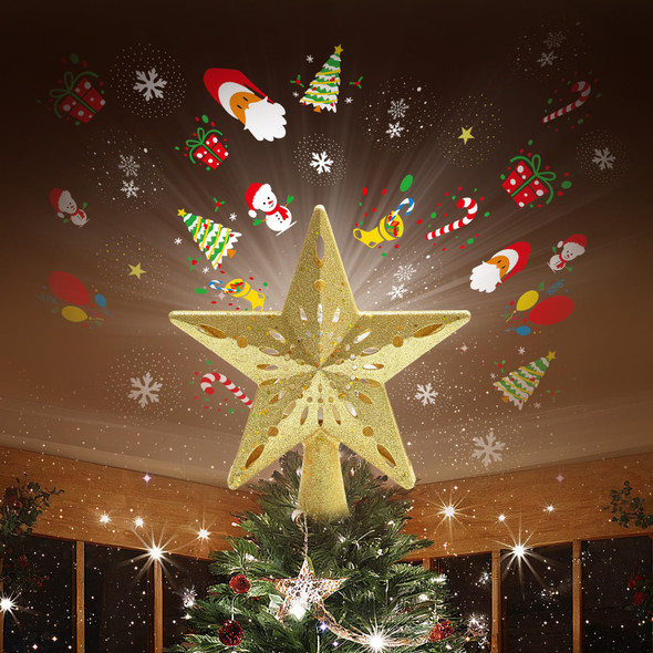 Christmas Tree Topper Lighted, Hollow Star Tree Topper with 8 Projection Modes, Christmas Ornaments Built-in LED Rotating Lights,Dynamic Projection for Xmas,Halloween Decorations (Gold&Multi)