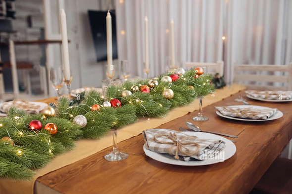 Christmas Pine Garland with 50LED Lights and 24pcs Balls, 6Ft Christmas Greenery Garland Realistic Cedar Artificial Cypress Garland for Holiday Mantel Fireplace Table Centerpiece Decor