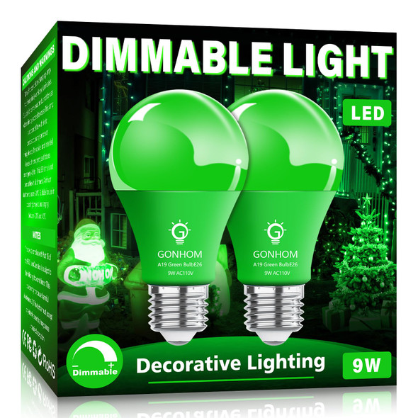 A19 LED Green Light Bulb, 9W Equivalent to 100W, Dimmable, E26 Base, 20000Hrs, for Party Decoration, Holiday Lighting, Halloween Light Bulbs, 2 Pack