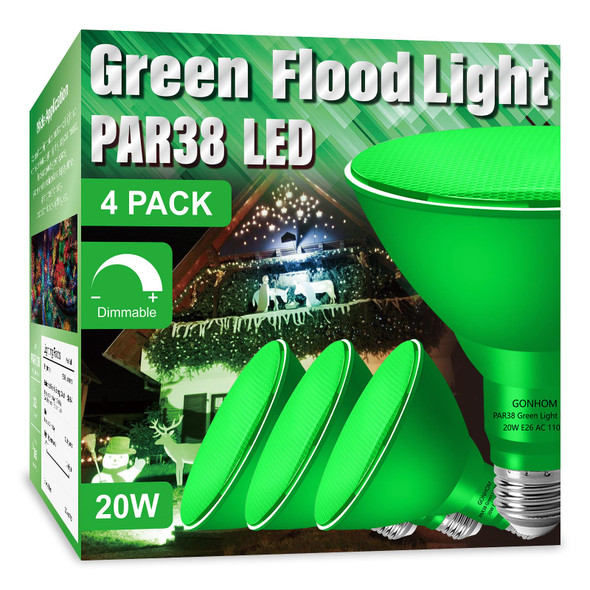 4 Pack PAR38 Green Flood Lights Outdoor,Dimmable Flood Green Light Bulb,20W(Equivalent to 200W),E26 Base Green LED Light,Christmas Light Bulbs,Outdoor Porch,Holiday Lighting,Flood Light Bulb