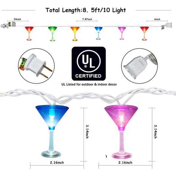 Cocktail Glass Strings Lights, Summer Theme Outdoor Decoration Lights with 10 Colorful Margarita Lights, Plug in Beverage Cups Fairy String Lights for Bar Patio Garden Beach Wedding Christmas Party