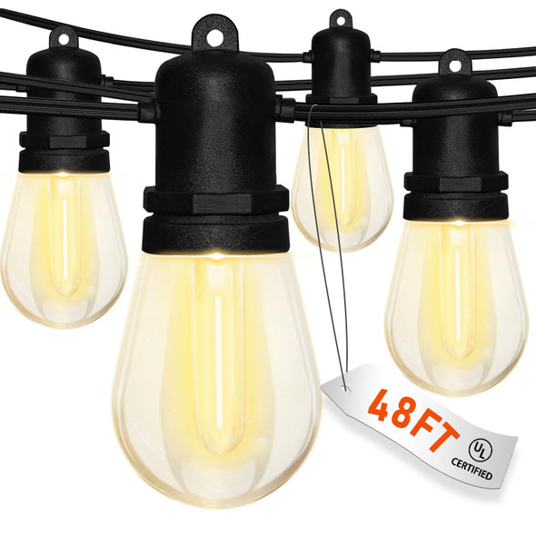 S14 LED Outdoor String Lights Christmas 48FT Patio Lights Outdoor Waterproof with 16 Shatterproof LED Bulbs, Hanging Backyard Lights UL Listed for Outside Deck Patio Garden Balcony Holiday Decorations