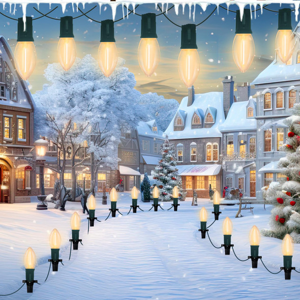 C9 LED Christmas Pathway Lights Outdoor 38Ft C9 Christmas Decorations String Lights with 25 LED Warm White Bulbs and Stakes, Christmas Walkway Lights Outdoor UL Listed for Yard Driveway Lawn Party
