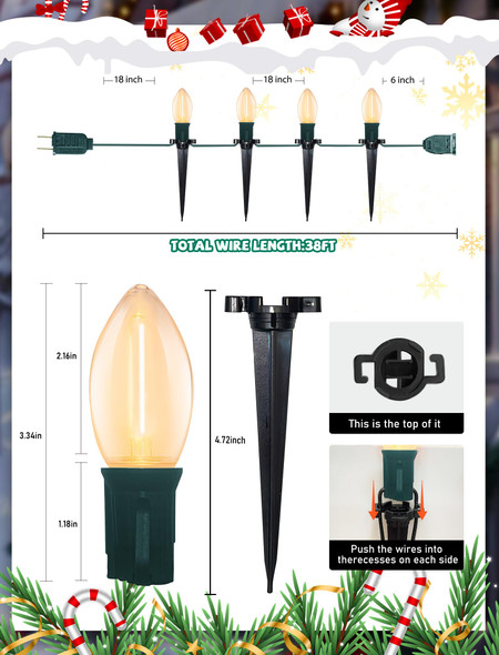 C9 LED Christmas Pathway Lights Outdoor 38Ft C9 Christmas Decorations String Lights with 25 LED Warm White Bulbs and Stakes, Christmas Walkway Lights Outdoor UL Listed for Yard Driveway Lawn Party