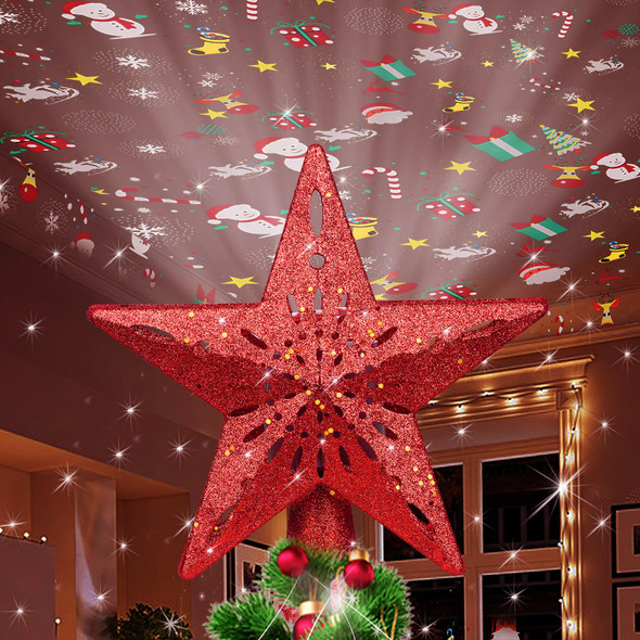 Christmas Tree Topper Lighted with 6 Projected Patterns -Christmas Star Tree Topper Built-Led Rotating Lights -3D Glitter Dynamic Projector for Indoor Xmas Year Holiday Party Decorations