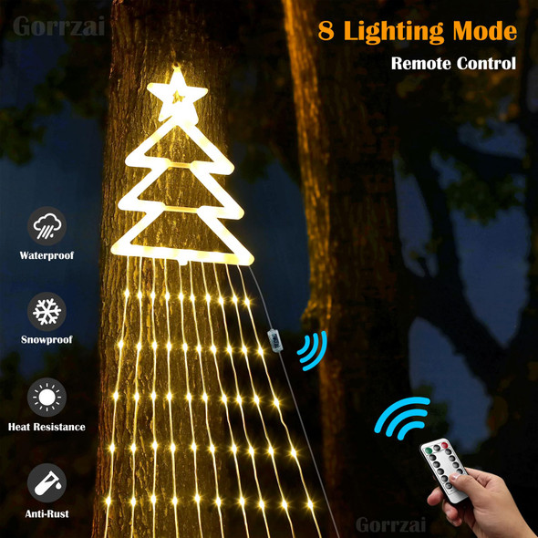 420 LED Outdoor Christmas Decorations Star String Lights Waterproof String Lights with Christmas Tree Topper, 8 Lighting Modes Waterfall Lights for Tree Patio Garden Yard Party (Warm White)