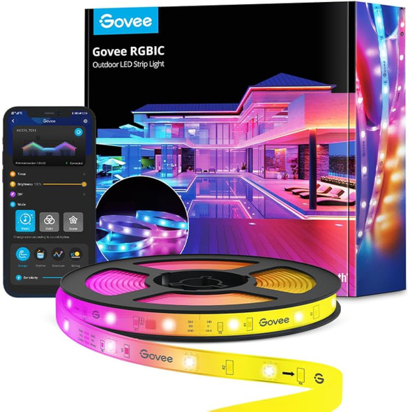 Govee Outdoor LED Strip Lights, 32.8ft Smart LED Outdoor Lights, Bluetooth App Control, IP65 Waterproof LED Lights, RGBIC Color Changing Outdoor Lights for Christmas Decorations, Party and Patio
