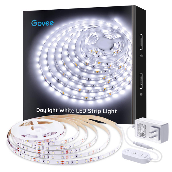 Govee White LED Strip Lights, d 16.4ft Dimmable LED Light Strip 6500K Bright Daylight White, Strong Adhesive, 300 LEDs Flexible Tape Lights for Mirror, Kitchen Cabinet, Bedroom, Christmas Decor