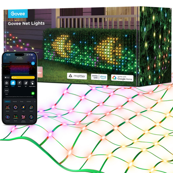 Govee Outdoor Net Lights, 2.8 × 9.4ft with RGBIC and DIY Functions, 480 LEDs Smart Net Lights with 64 Modes for Christmas Bush, IP65 Waterproof, Compatible with Alexa & Google Assistant, Green Wire