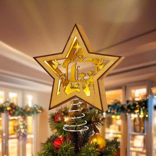 Nativity Christmas Tree Topper Star Lighted, 3D Wooden Star Tree Toppers Christmas Decorations, Christmas Tree Star Topper with Lights for Small Nativity Scene Indoor Christmas Decorations