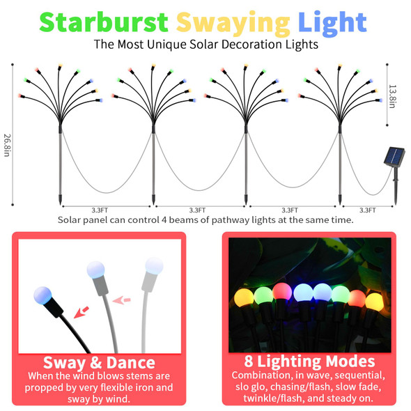 Set of 4 Solar Christmas Decorations, 8 Modes Solar Swaying Garden Lights, Solar Landscape Pathway Stake Lights, Outdoor Solar Christmas Lights Decor, d Base on Solar Firefly Light