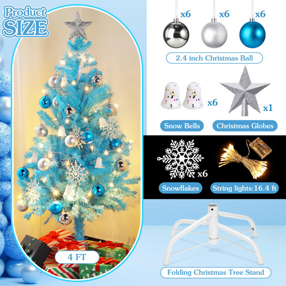 34 Pieces Christmas Tree Decorations Include 4 ft Artificial Christmas Tree with Metal Feet, String Lights, 31 Small Accessories for Home Christmas Party Decoration (Pastel Blue)