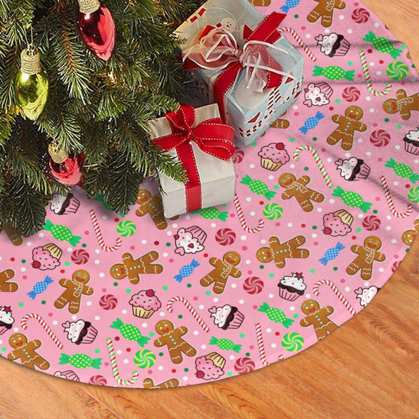 Cute Gingerbread Candy Christmas Tree Skirt 36 Inches Pink Santa Tree Skirts Farmhouse Xmas Tree Mat Ornaments Decorations