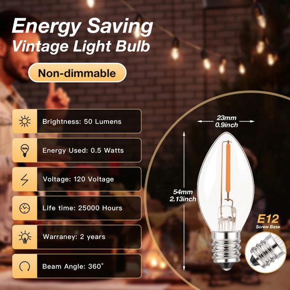 C7 LED E12 Candelabra Bulb Small Edison Candle Night Light Bulbs Salt Lamp Bulbs 0.5W Equivalent 5W 7W Warm White 2700K Clear Bulbs for Chandelier Christmas Light 50 Lumens Non-Dimmable, 6-Pack C7 LED E12 Candelabra Bulb Small Edison Candle Night Light Bulbs Salt Lamp Bulbs 0.5W Equivalent 5W 7W Warm White 2700K Clear Bulbs for Chandelier Christmas Light 50 Lumens Non-Dimmable, 6-Pack
