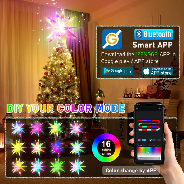 Heceltt Christmas Star Tree Topper,14.6In 60LED Smart RGB Moravian Star Light, Bluetooth App Control-Music Sync Color Changing LED Christmas Tree Light Indoor Decor
