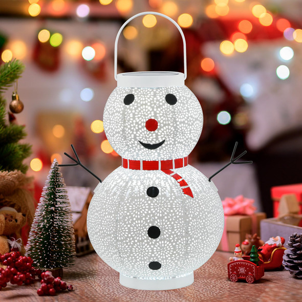 Christmas Decorations Solar Lantern - Hanging Snowman Solar Lantern Outdoor Waterproof , Metal Standing Solar Powered LED Lantern Decorative Lights for Outside Garden Yard Porch - White