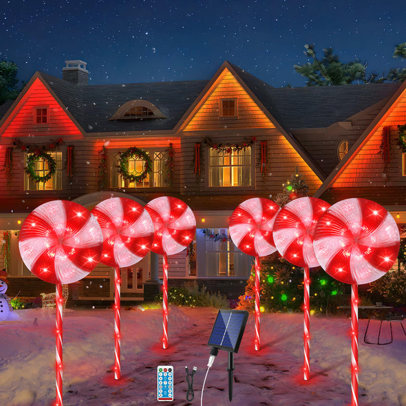 Solar Christmas Pathway Lights Outdoor 6 Pack, 31.4" Lollipops Peppermint Stake Lights 8 Modes, Remote Control USB Charge Candy Cane Christmas Decorations Outdoor for Xmas Yard Walkway Patio Decor
