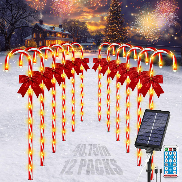 Christmas Solar Candy Cane Pathway Lights, 12Pcs 120 LED 40" Christmas Lights Outdoor Decorations with Red Bow Waterproof, 8 Modes Timer Remote Christmas Walkway Lights for Xmas Yard Lawn Patio Decor