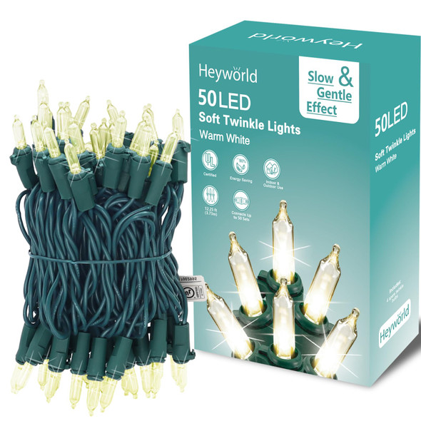 50 LED Slow Twinkle Lights, Soft Twinkling Christmas String Lights, UL 27 Ft, Connect Up to 50 Sets, Indoor & Outdoor Christmas Decorations