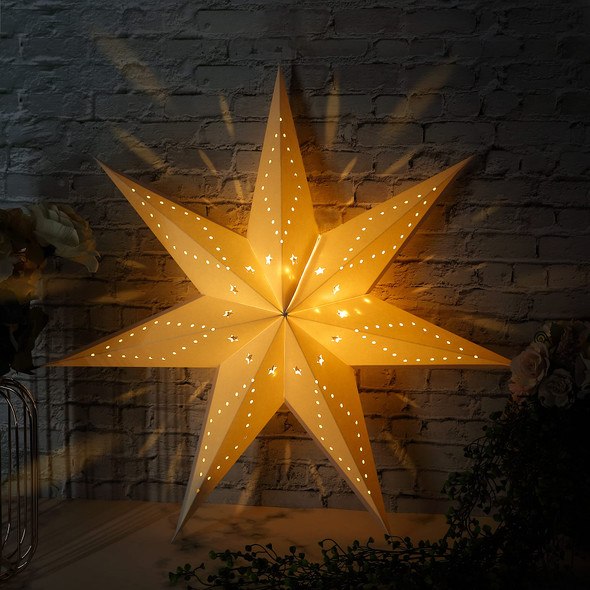Hiboom Paper Star Lantern 24 Inch, 8 Mode 50 LEDs Firework Fairy String Lights, Light up Hollow Out Star Hanging Decoration for Indoor Outdoor Room Wedding Christmas Party (7-Point Star, 1 Set)