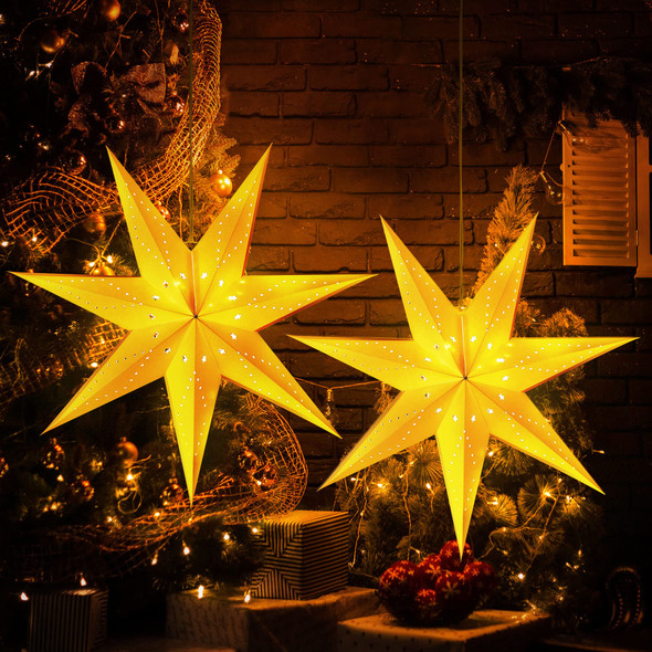 Hiboom Paper Star Lantern 24 Inch, 8 Mode 50 LEDs Firework Fairy String Lights, Light up Hollow Out Star Hanging Decoration for Indoor Outdoor Room Wedding Christmas Party(2 Pack)