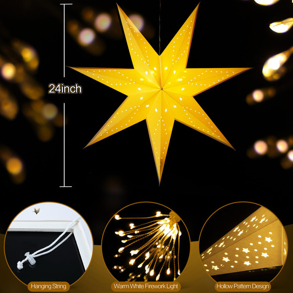 Hiboom Paper Star Lantern 24 Inch, 8 Mode 50 LEDs Firework Fairy String Lights, Light up Hollow Out Star Hanging Decoration for Indoor Outdoor Room Wedding Christmas Party(2 Pack)