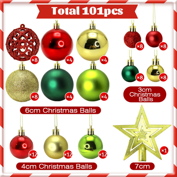 101pcs Christmas Ball Ornaments Set, Shatterproof Christmas Decorations Set with Reusable Hand-held Package for Xmas Tree Decor Holiday Wedding Party Holiday Indoor Decor (Gold&Red&Green)