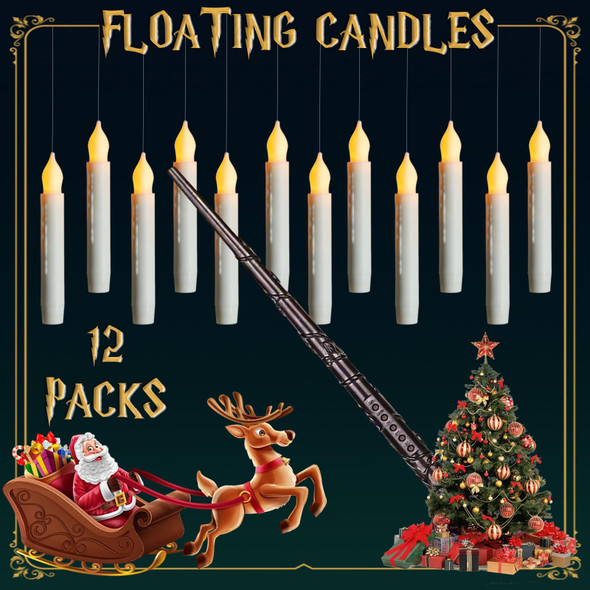 Floating Candles with Wand Remote,12 Pcs Flameless Flickering LED Hanging Flying Candles, LED Taper Candles Warm Light, Battery Operated Window Candle Set for Halloween witch Christmas Party Decors
